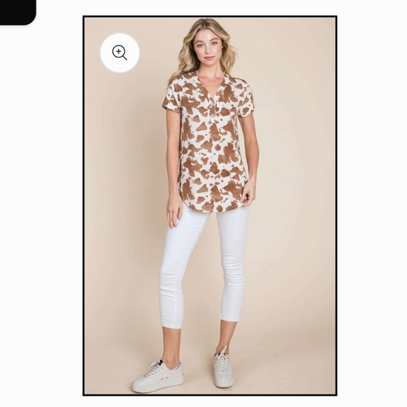 Bombom Brown and White Cow Print Women's Top - Picture 15 of 15